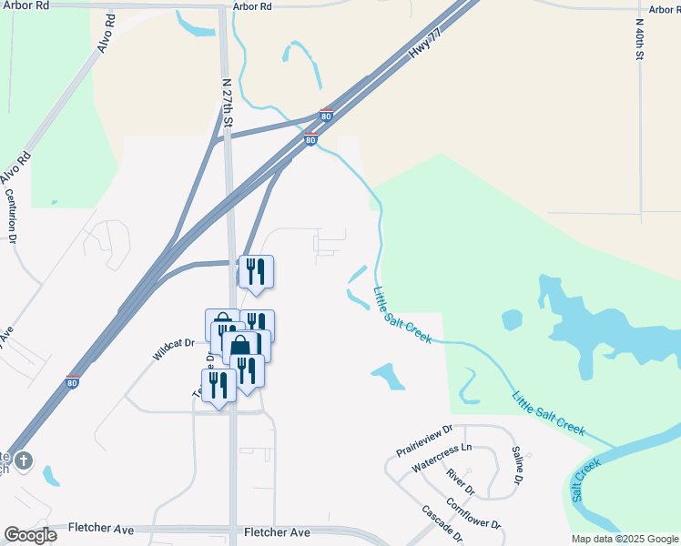 map of restaurants, bars, coffee shops, grocery stores, and more near 7360 Husker Circle in Lincoln