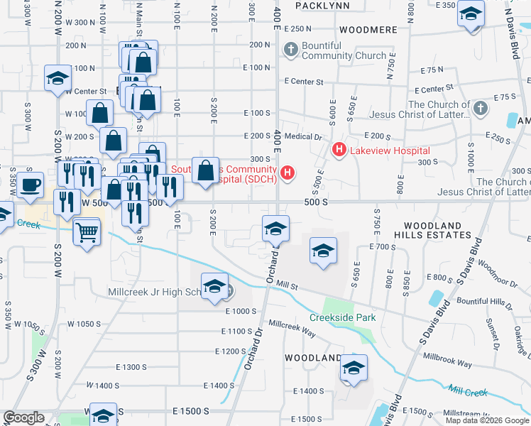 map of restaurants, bars, coffee shops, grocery stores, and more near 380 500 South in Bountiful
