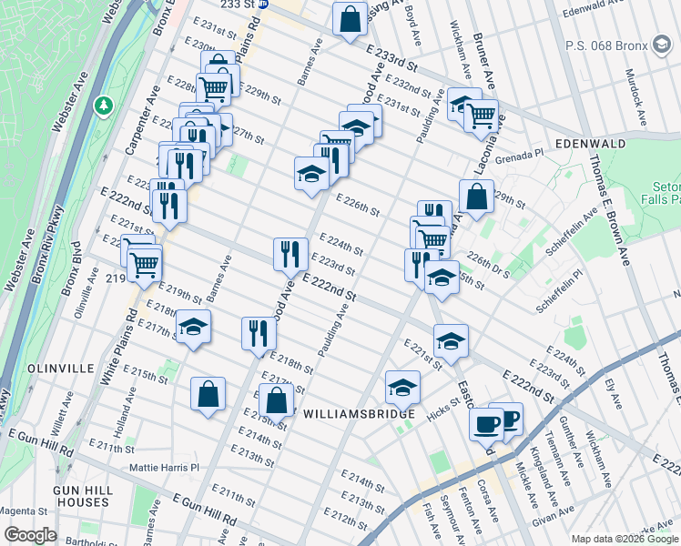 map of restaurants, bars, coffee shops, grocery stores, and more near 940 East 223rd Street in Bronx