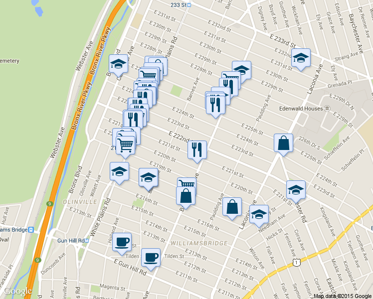 map of restaurants, bars, coffee shops, grocery stores, and more near 844 East 222nd Street in Bronx