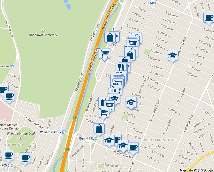map of restaurants, bars, coffee shops, grocery stores, and more near 3779 Willett Avenue in Bronx