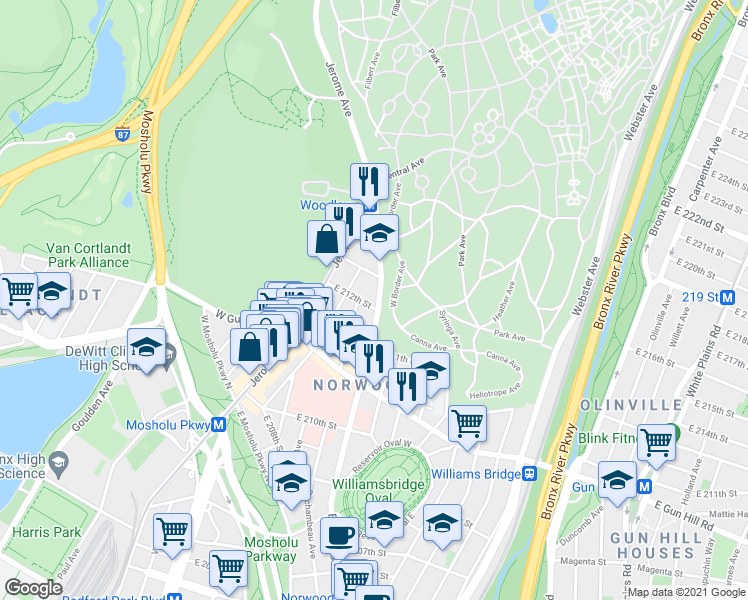 map of restaurants, bars, coffee shops, grocery stores, and more near 3594 Bainbridge Avenue in Bronx