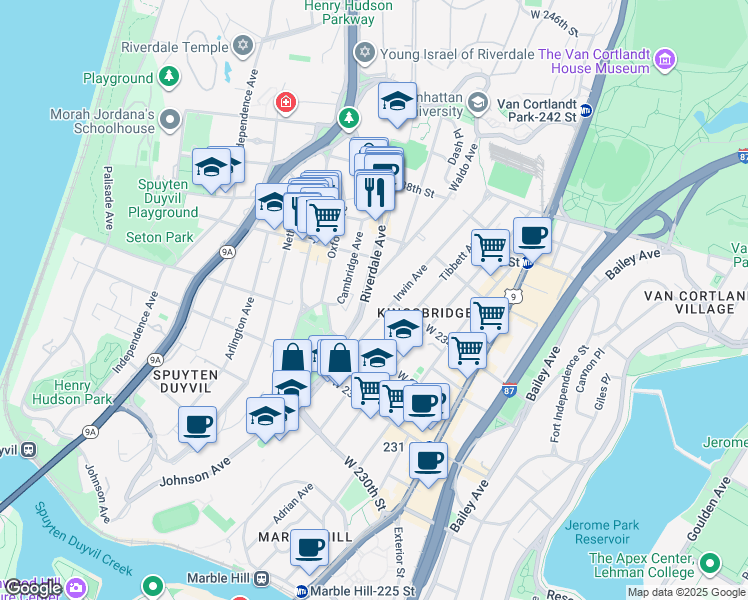 map of restaurants, bars, coffee shops, grocery stores, and more near 3251 Riverdale Avenue in Bronx