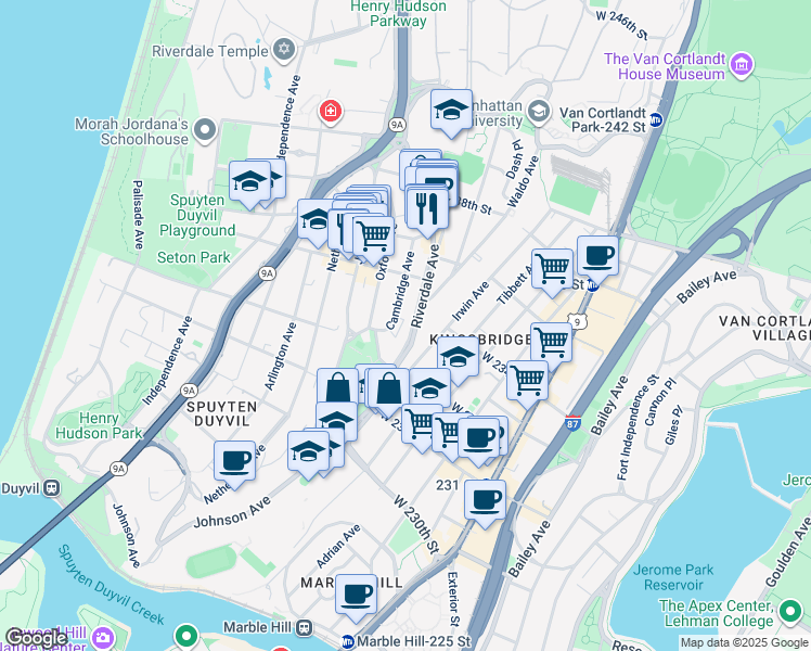 map of restaurants, bars, coffee shops, grocery stores, and more near 3251 Riverdale Avenue in Bronx