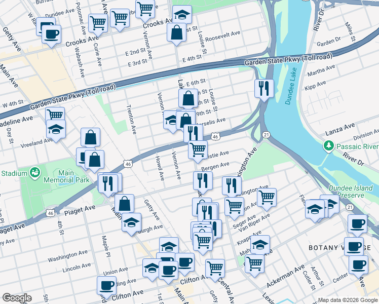map of restaurants, bars, coffee shops, grocery stores, and more near 259 Lakeview Avenue in Clifton