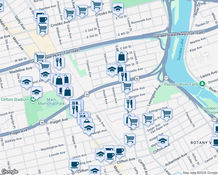 map of restaurants, bars, coffee shops, grocery stores, and more near 188 Trimble Avenue in Clifton