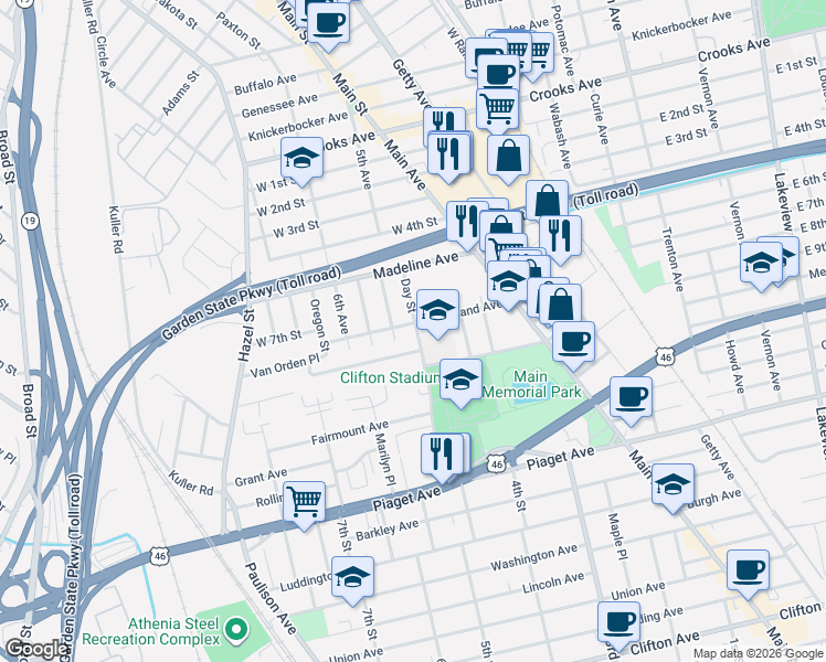 map of restaurants, bars, coffee shops, grocery stores, and more near 73 Vreeland Avenue in Clifton