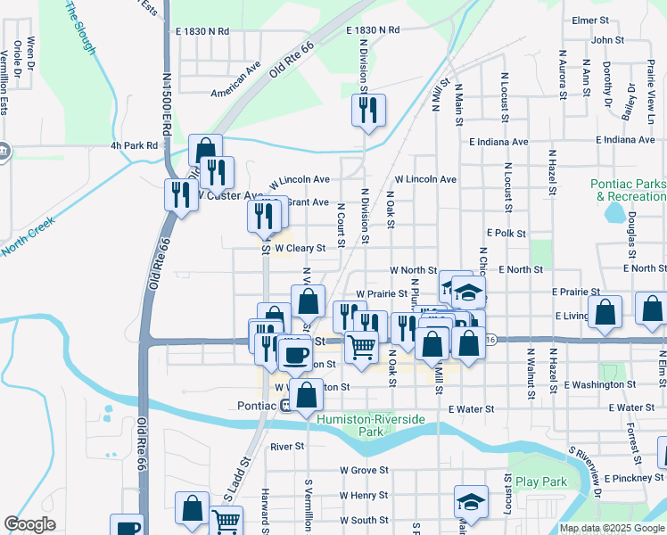 map of restaurants, bars, coffee shops, grocery stores, and more near 607 West North Street in Pontiac