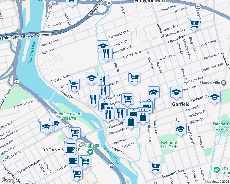 map of restaurants, bars, coffee shops, grocery stores, and more near 94 Semel Avenue in Garfield