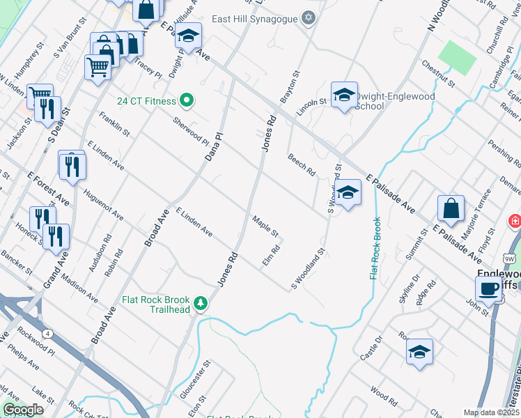 map of restaurants, bars, coffee shops, grocery stores, and more near 127 Jones Road in Englewood