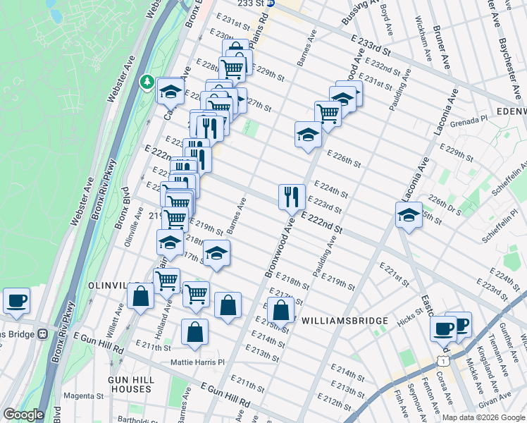 map of restaurants, bars, coffee shops, grocery stores, and more near 835 East 221st Street in Bronx