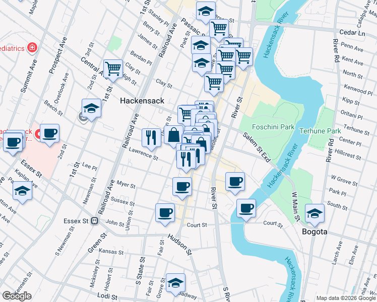 map of restaurants, bars, coffee shops, grocery stores, and more near 31 Mercer Street in Hackensack