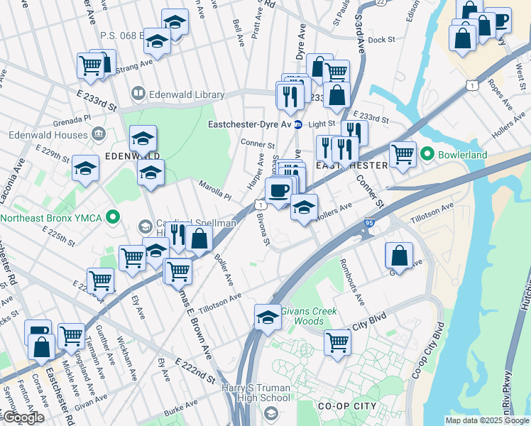 map of restaurants, bars, coffee shops, grocery stores, and more near 4004 Boston Road in The Bronx