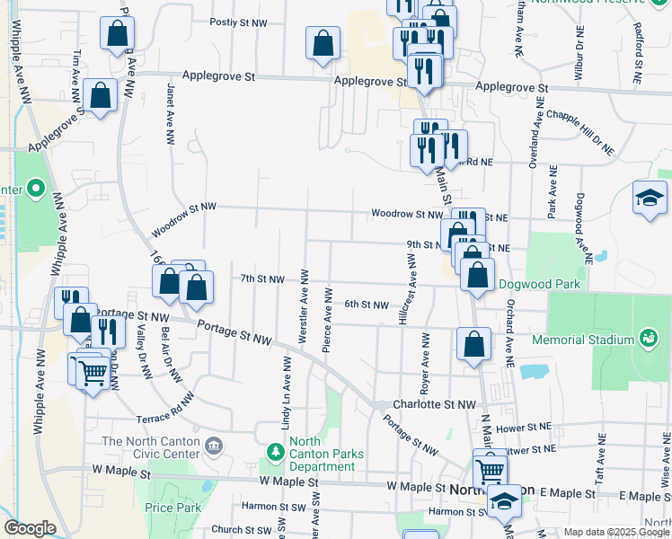 map of restaurants, bars, coffee shops, grocery stores, and more near 710 Pierce Ave NW in North Canton