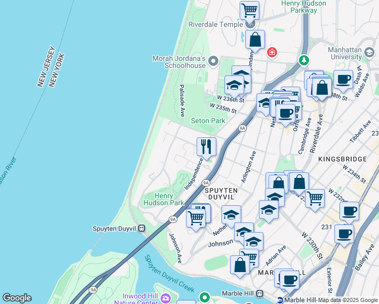 map of restaurants, bars, coffee shops, grocery stores, and more near 720 West 231st Street in The Bronx