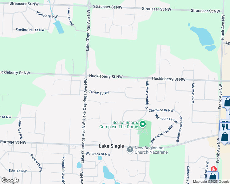 map of restaurants, bars, coffee shops, grocery stores, and more near 5791 Carlew Street Northwest in North Canton