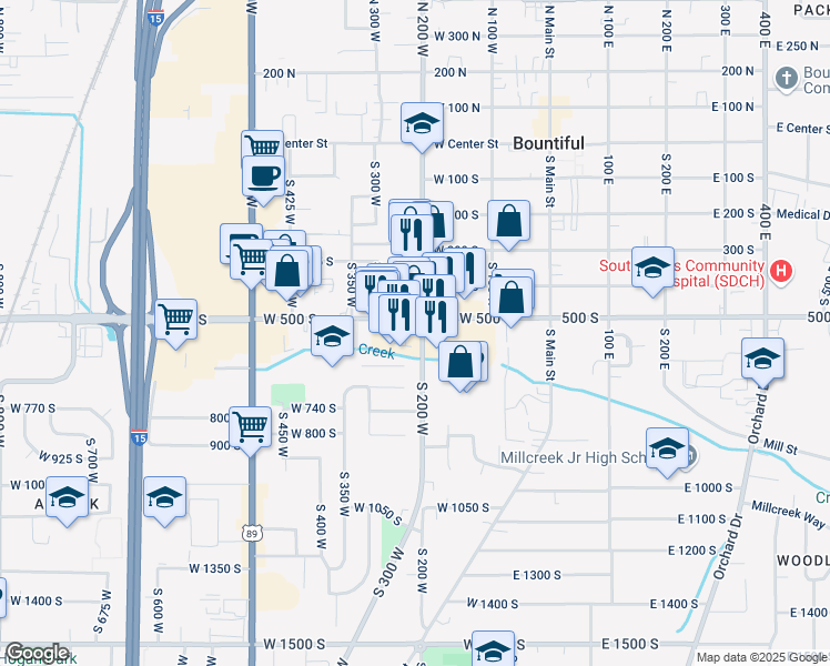 map of restaurants, bars, coffee shops, grocery stores, and more near 510 South 200 West in Bountiful