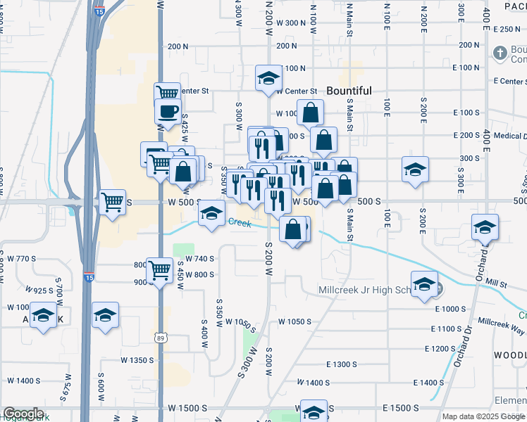 map of restaurants, bars, coffee shops, grocery stores, and more near 510 South 200 West in Bountiful