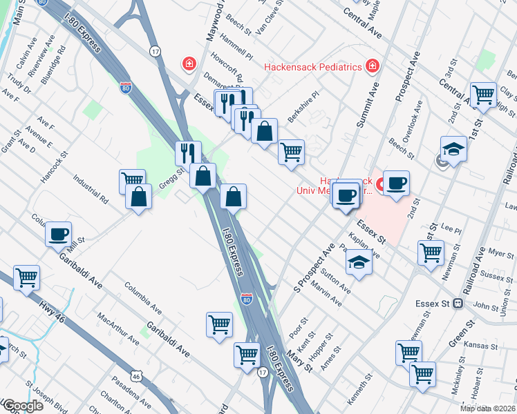map of restaurants, bars, coffee shops, grocery stores, and more near 459 Simons Avenue in Hackensack