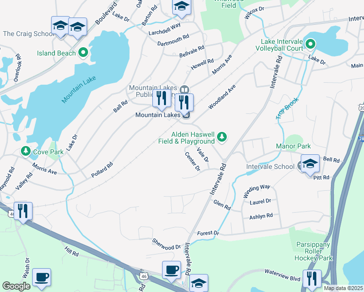 map of restaurants, bars, coffee shops, grocery stores, and more near 8 Grove Place in Mountain Lakes