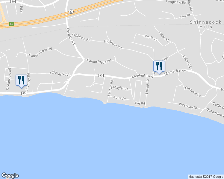 map of restaurants, bars, coffee shops, grocery stores, and more near 20 Lenape Road in Southampton