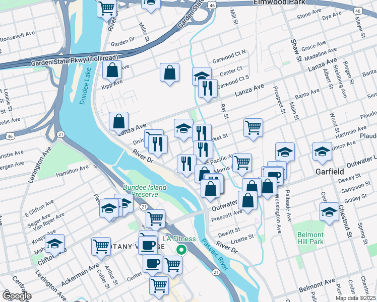 map of restaurants, bars, coffee shops, grocery stores, and more near 56 Market Street in Garfield