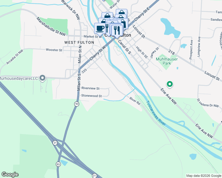 map of restaurants, bars, coffee shops, grocery stores, and more near 351 Riverview Street in Canal Fulton