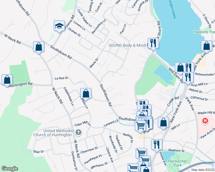 map of restaurants, bars, coffee shops, grocery stores, and more near 3 Southcrest Court in Huntington