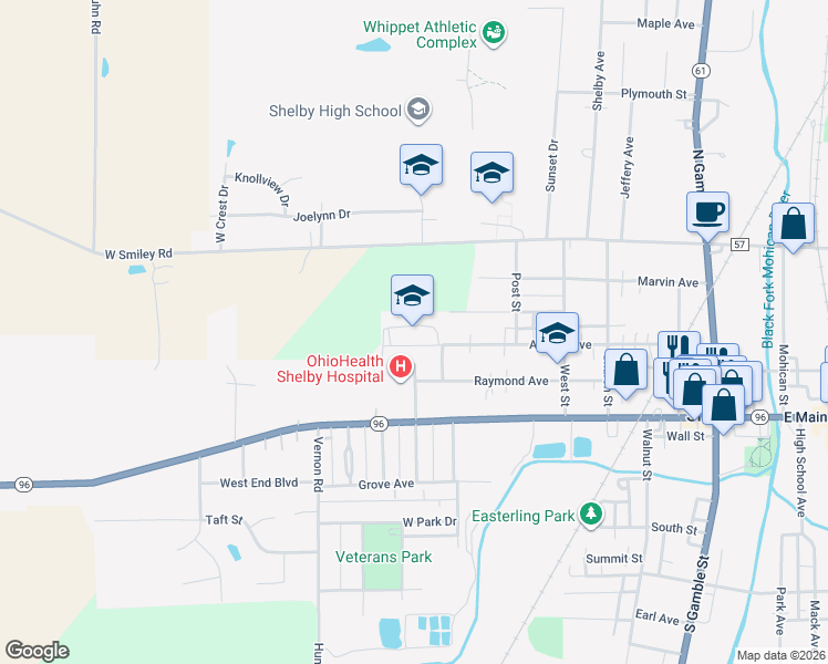 map of restaurants, bars, coffee shops, grocery stores, and more near 109 Auburn Avenue in Shelby