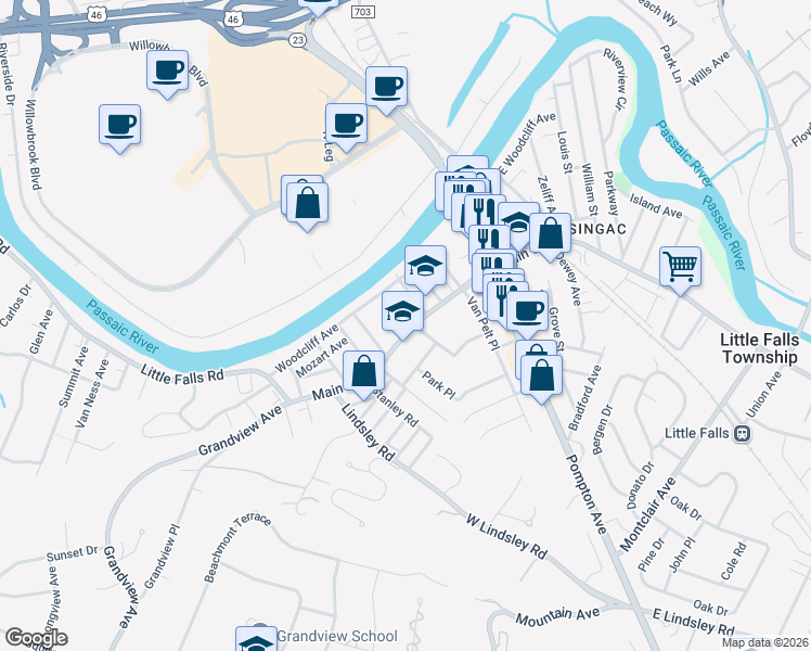 map of restaurants, bars, coffee shops, grocery stores, and more near 586 Main Street in Little Falls