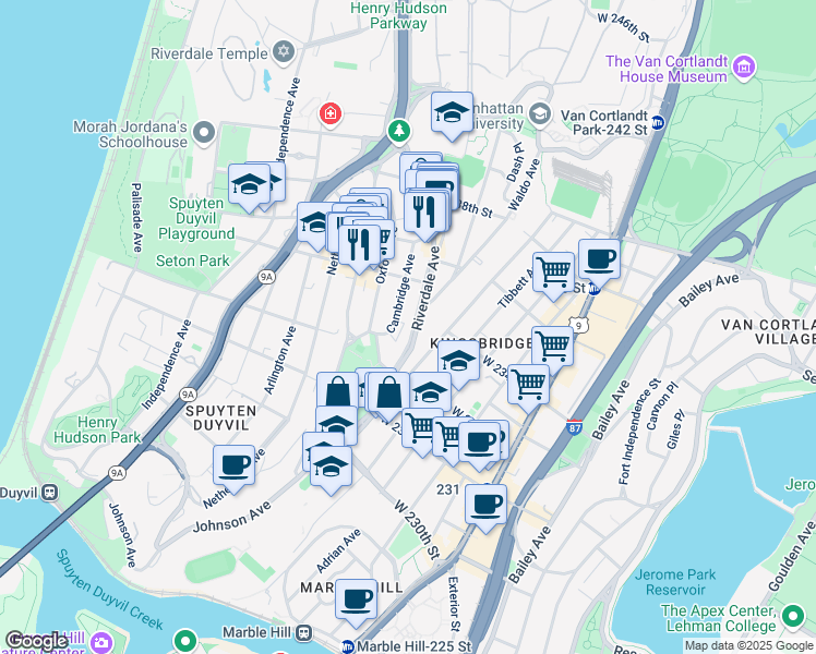 map of restaurants, bars, coffee shops, grocery stores, and more near 3251 Riverdale Avenue in Bronx