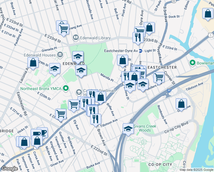 map of restaurants, bars, coffee shops, grocery stores, and more near 3605 Pratt Avenue in Bronx