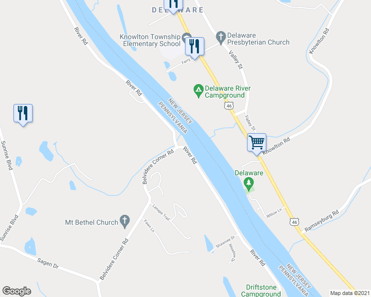 map of restaurants, bars, coffee shops, grocery stores, and more near 3326 River Road in Mount Bethel