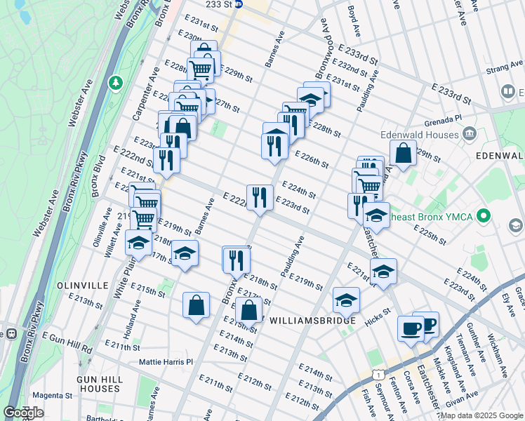 map of restaurants, bars, coffee shops, grocery stores, and more near Bronxwood Ave & E 222nd St in Bronx