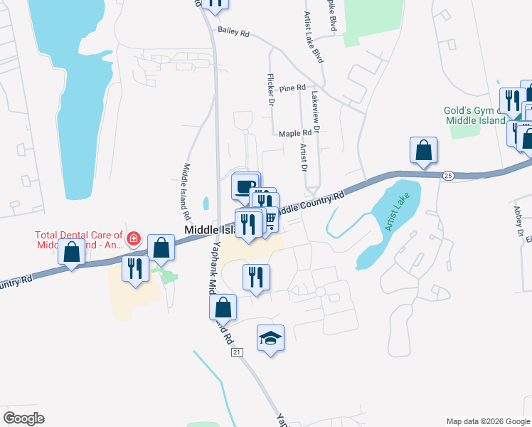 map of restaurants, bars, coffee shops, grocery stores, and more near 106 Tudor Lane in Middle Island