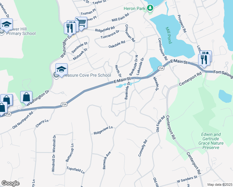 map of restaurants, bars, coffee shops, grocery stores, and more near 8 Forest Drive in Centerport