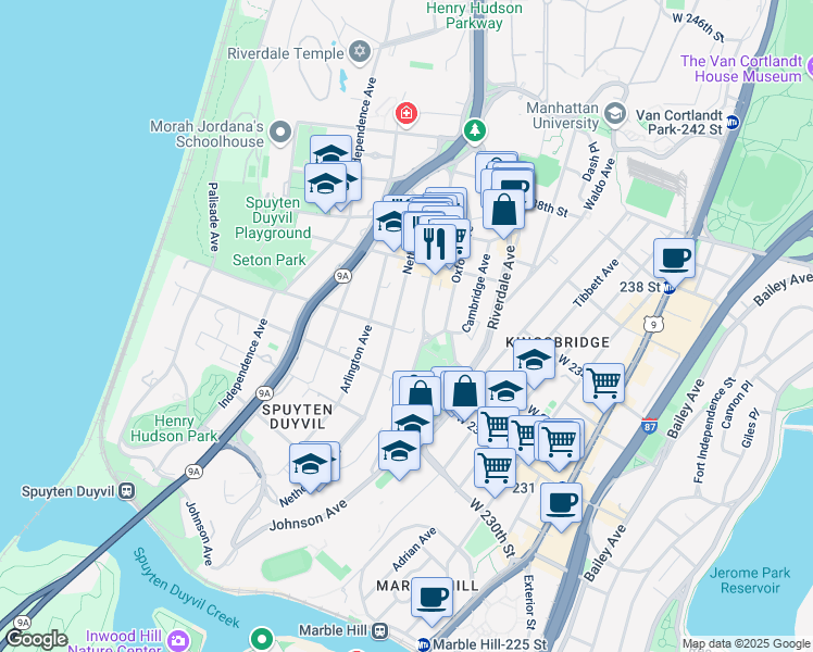 map of restaurants, bars, coffee shops, grocery stores, and more near 3211 Johnson Avenue in Bronx