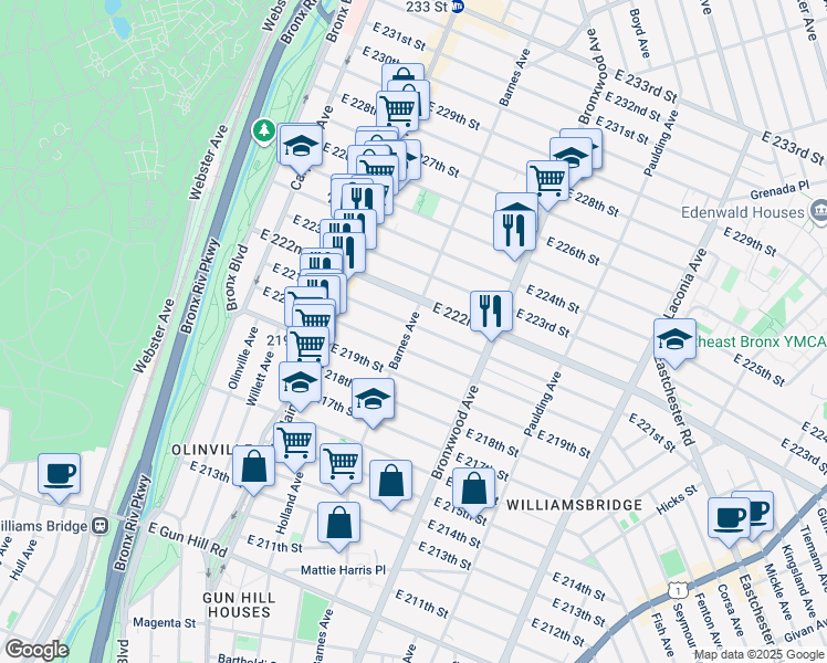 map of restaurants, bars, coffee shops, grocery stores, and more near 800 East 221st Street in The Bronx