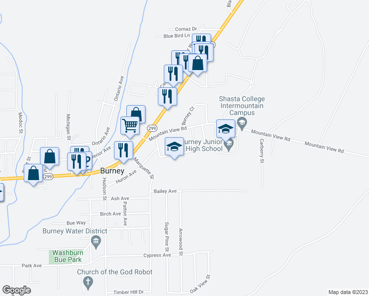 map of restaurants, bars, coffee shops, grocery stores, and more near 20471 Quebec Street in Burney
