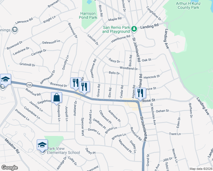 map of restaurants, bars, coffee shops, grocery stores, and more near 25 Forest Road in Kings Park