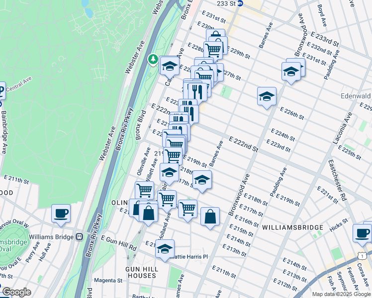 map of restaurants, bars, coffee shops, grocery stores, and more near 726 East 220th Street in Bronx