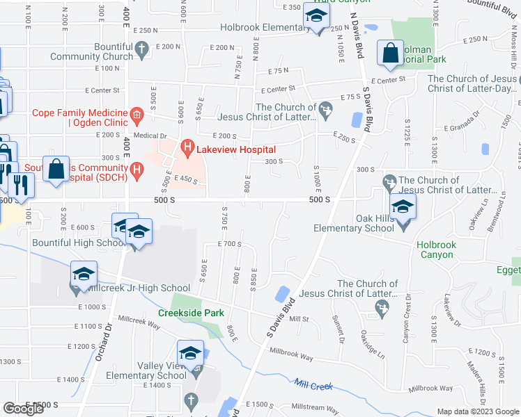 map of restaurants, bars, coffee shops, grocery stores, and more near 598 850 East in Bountiful