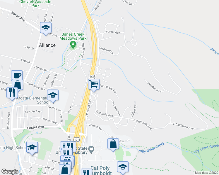 map of restaurants, bars, coffee shops, grocery stores, and more near Hidden Creek Road in Arcata