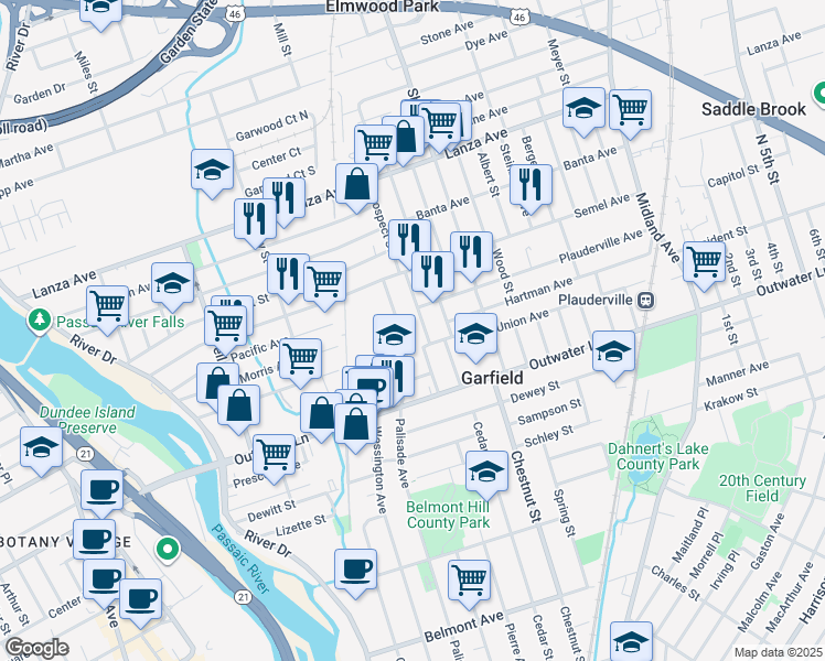 map of restaurants, bars, coffee shops, grocery stores, and more near 560 Palisade Avenue in Garfield