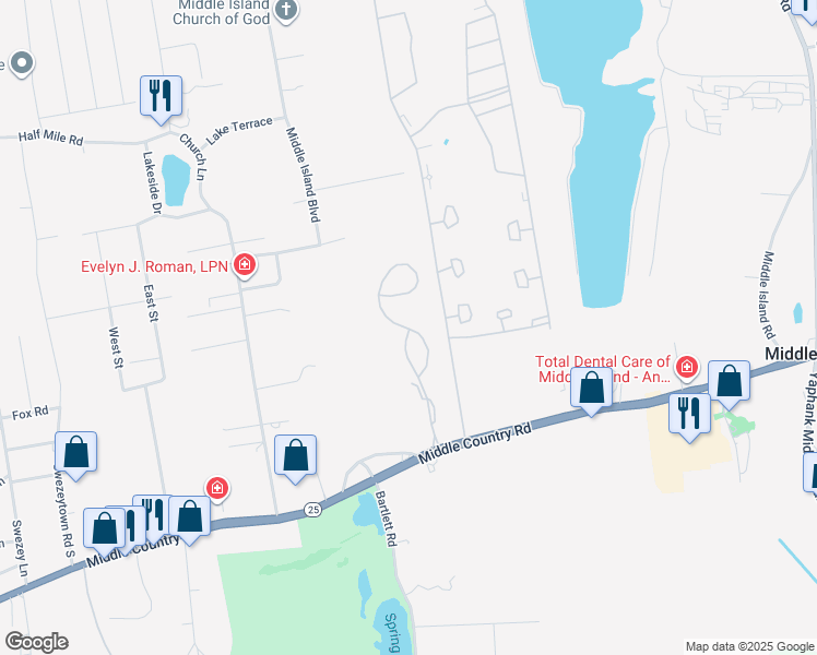 map of restaurants, bars, coffee shops, grocery stores, and more near 175 Robin Drive in Middle Island