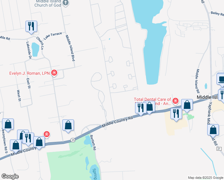 map of restaurants, bars, coffee shops, grocery stores, and more near 804 Birchwood Park Drive in Middle Island