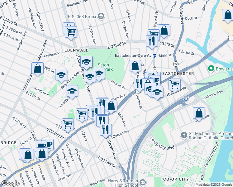 map of restaurants, bars, coffee shops, grocery stores, and more near 3605 Pratt Avenue in The Bronx