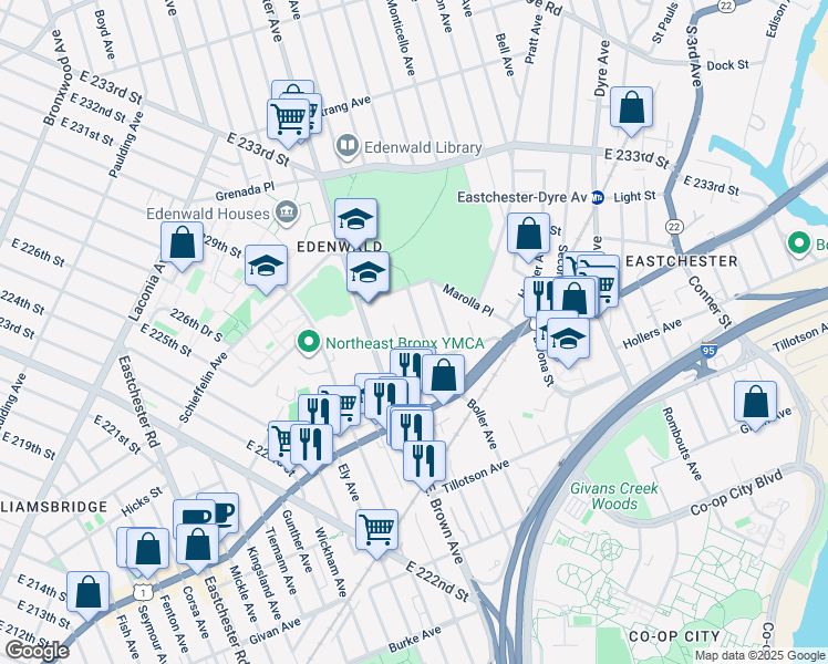 map of restaurants, bars, coffee shops, grocery stores, and more near 3640 De Reimer Avenue in Bronx