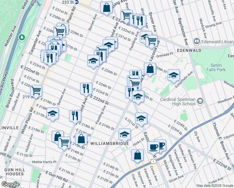 map of restaurants, bars, coffee shops, grocery stores, and more near 3942 Paulding Avenue in Bronx