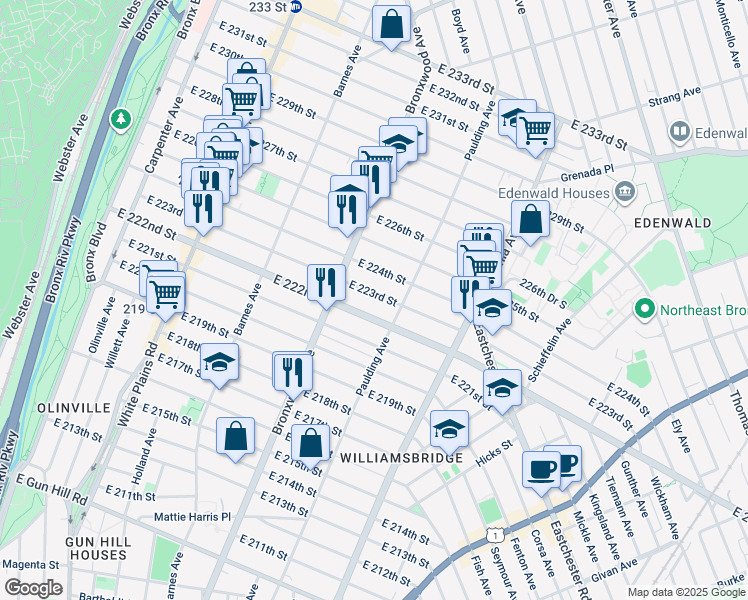 map of restaurants, bars, coffee shops, grocery stores, and more near 940 East 223rd Street in The Bronx